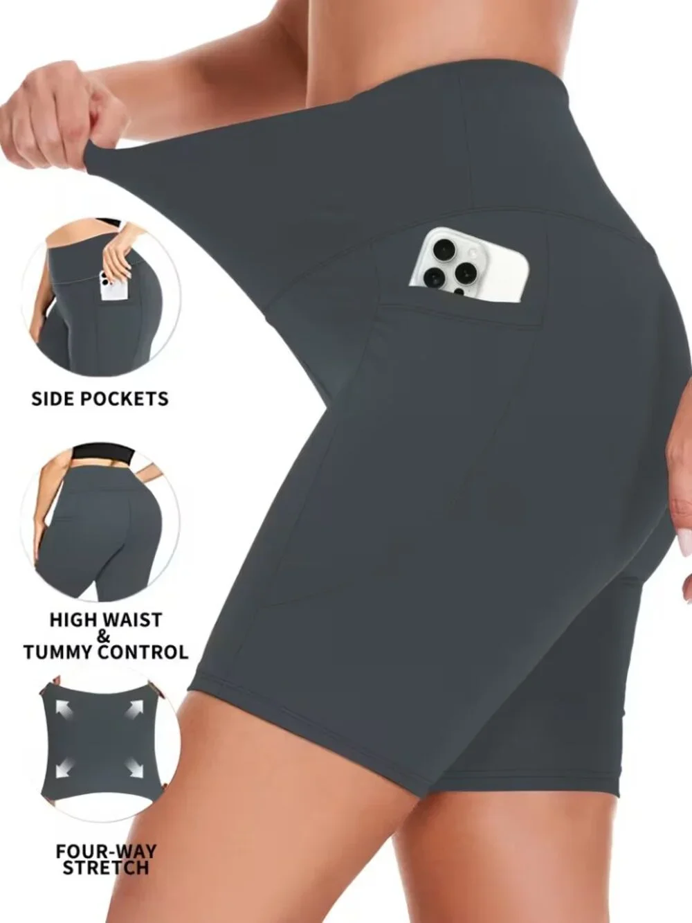 Women's Soft Plus 3X High waisted bike shorts w/pockets Grey Poly/Spandex